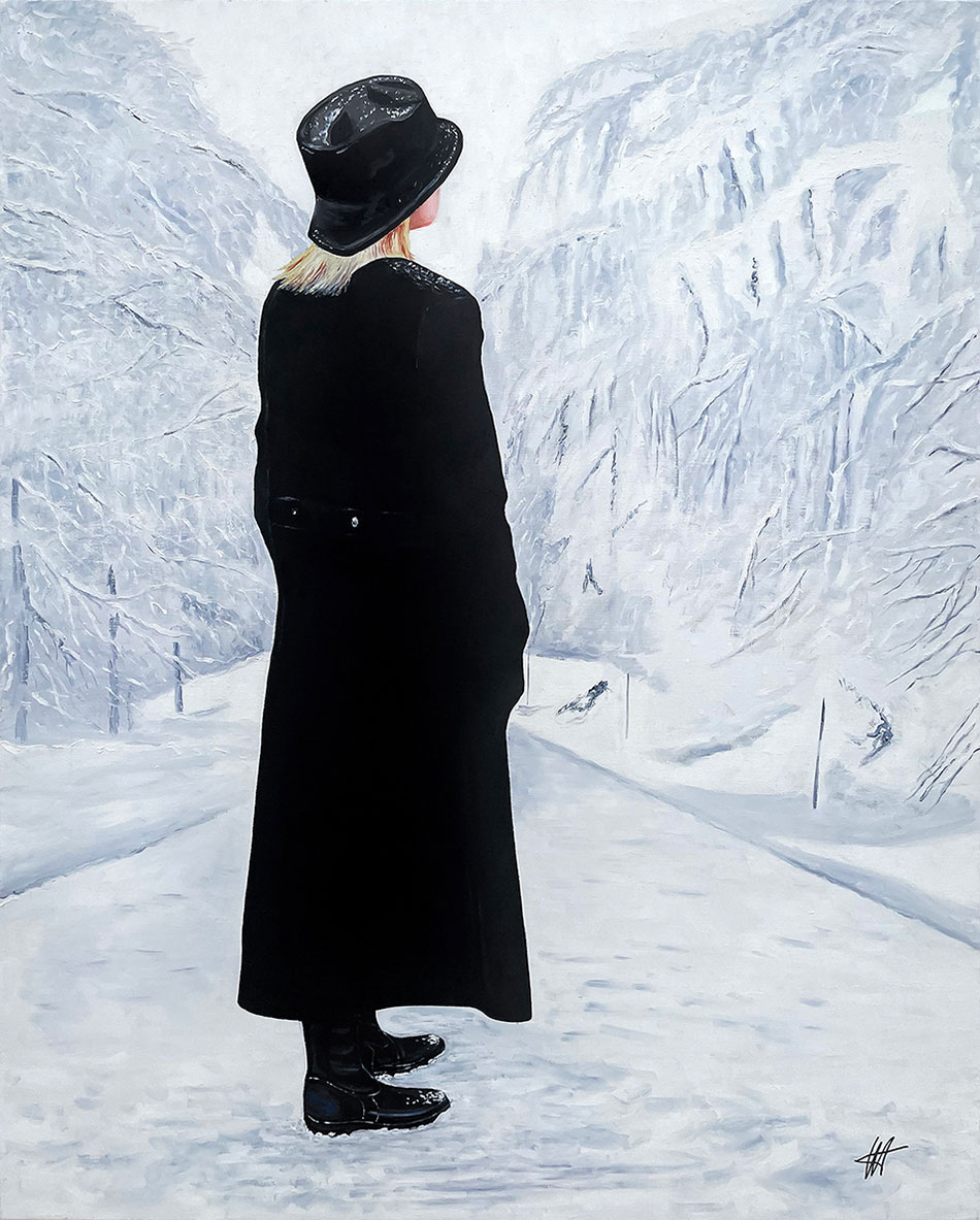 l-inconnue-au-chapeau-huile-sur-toile-venturini. L'inconnue au chapeau noir, ce tableau capture un instant suspendu de solitude et de mystère de Jean-Jacques Venturini à Antibes et Aimargues