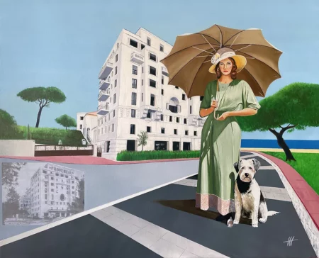 Glamour Riviera – Tableau contemporain d’une femme avec son chien à Juan-Les-Pins de Jean-Jacques Venturini à Antibes et Aimargues