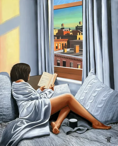 La Liseuse - Huile sur toile, l’artiste est inspiré par Edward Hopper, Tableau contemporain de Jean-Jacques Venturini à Antibes et Aimargues