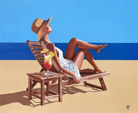 Sous le soleil exactement /19 Peinture à l’huile d'une femme allongée au soleil sur un transat dans un paysages méditerranéens de Jean-Jacques Venturini à Antibes et Aimargues