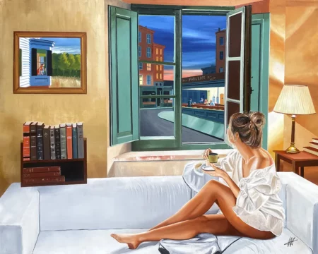 In Front of Nighthawks - Huile sur toile, l’artiste revisite Edward Hopper, Tableau contemporain de Jean-Jacques Venturini à Antibes et Aimargues