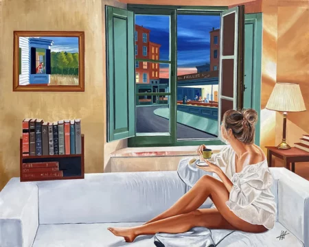 In Front of Nighthawks - Huile sur toile, l’artiste revisite Edward Hopper, Tableau contemporain de Jean-Jacques Venturini à Antibes et Aimargues