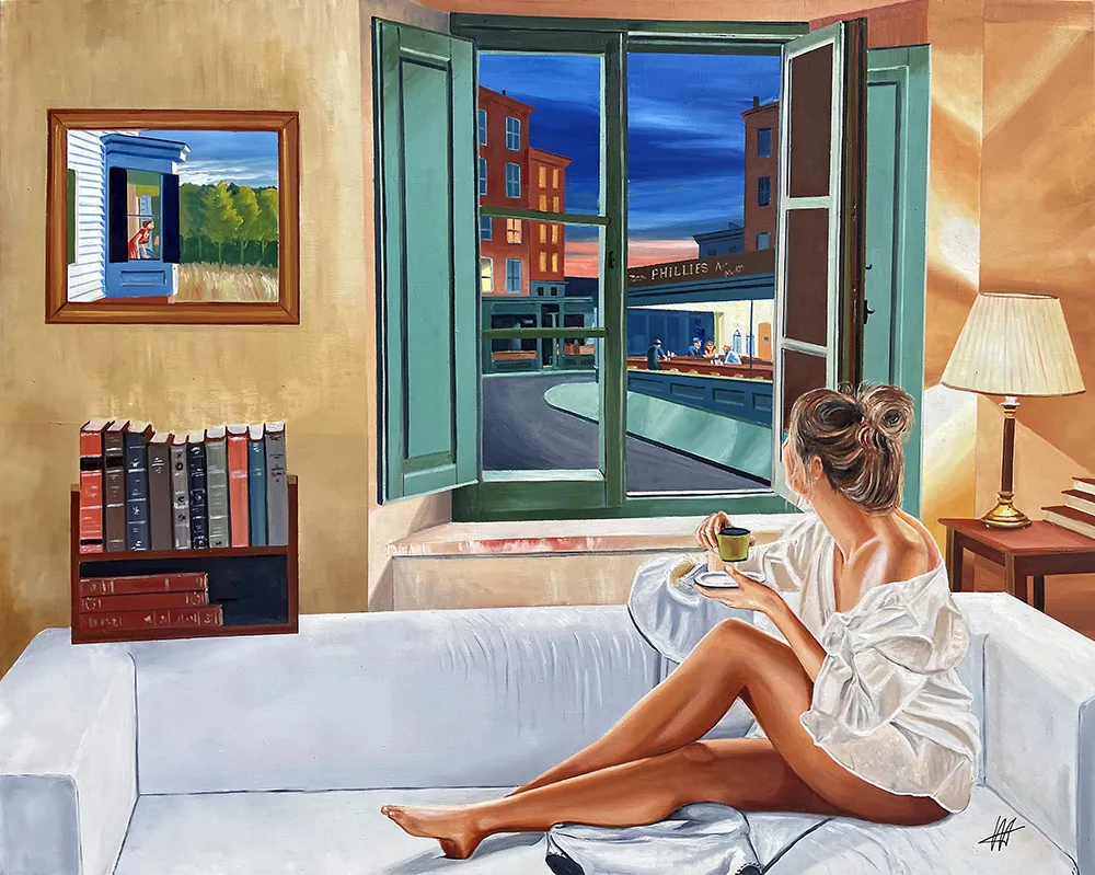 in-front-of-nighthawks-huile-sur-toile-venturini In Front of Nighthawks - Huile sur toile, l’artiste revisite Edward Hopper, Tableau contemporain de Jean-Jacques Venturini à Antibes et Aimargues