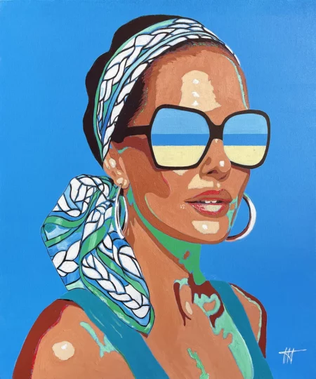 Femme à Lunette /17 – Tableau contemporain d’une femme aux lunettes de soleil vertes sur fond rouge de Jean-Jacques Venturini à Antibes et Aimargues